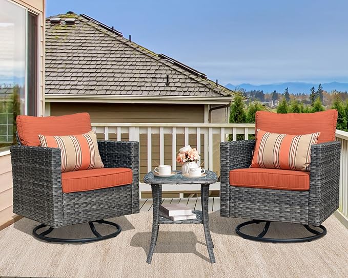 HOOOWOOO Wicker Outdoor Swivel Bistro Set for 2,3 Piece Patio Rocking Chairs and Table,All Weather Resistant Outside Out Door Rattan Rockers Furniture Set,Orange Red