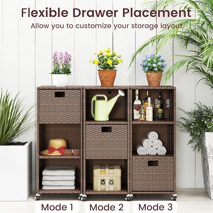 RELAX4LIFE Wicker Outdoor Storage Cabinet - Rattan Pool Towel Rack on Wheels w/Shelves and Drawer, Tall Patio Furniture Outside Caddy Organizer for Porch Deck, Garden Tool & Hot Tub Accessory Storage