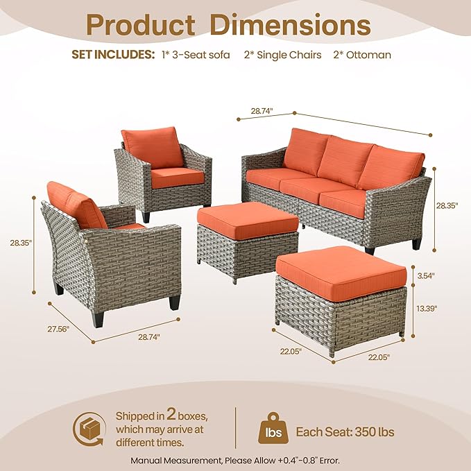 5 Pcs Patio Conversation Set for 7 Seats, Rattan Wicker Outdoor Patio Furniture Set, 2 x Single Chair, 2 x Ottoman, 3-Seat Sofa for Lawn Garden Backyard(Red)