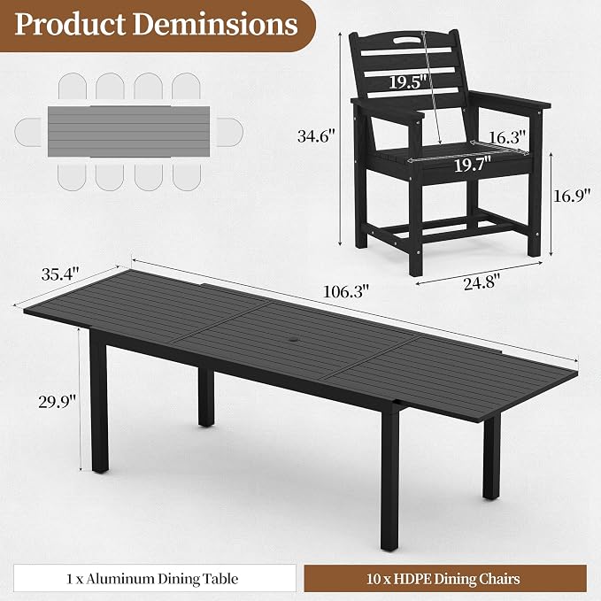 PIZZELLO 11 Pieces Outdoor Dining Set, 106" Extendable Aluminum Patio Dining Table w/ 10Pcs HDPE Patio Chairs, All Weather Outdoor Table and Chairs Sets for Backyard, Garden and Deck
