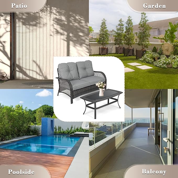 Athena Collection Outdoor Furniture Set Patio Loveseat and Table Set of 2, PE Rattan Sofa Conversation Set Double Chair Match Thickened Cushion and Coffee Table for Garden Porch Yard, Gray