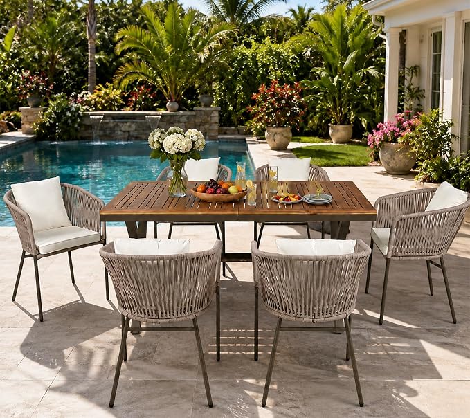 7PCS Outdoor Dining Set, Patio Table and Chairs Set for 6, Rope Weaving Patio Chairs with Thickened Cushions & Rectangular Dining Table with Metal Frame and Acacia Wood Tabletop, Beige