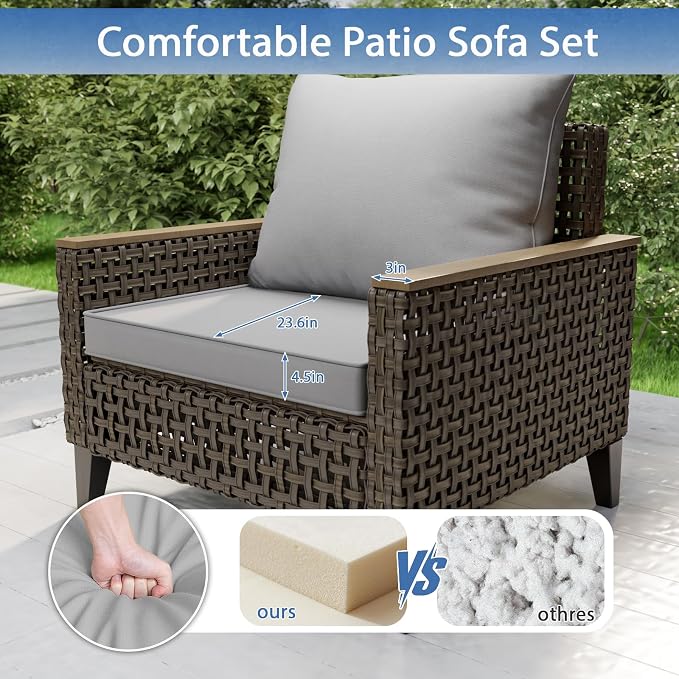 15 Piece Patio Furniture Set with 50000 BTU Propane Fire Pit Table, All-Weather Wicker Rattan Outdoor Sectional Sofa Set with High Back and Thick Cushions for Garden, Porch, Poolside, Grey