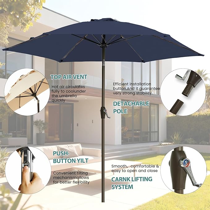 7.5FT Large Outdoor Patio Umbrella with Crank & Tilt - Durable Market Umbrella for Outdoor Patio with 6 Fiberglass Ribs for Poolside,Deck,Yard,Garden