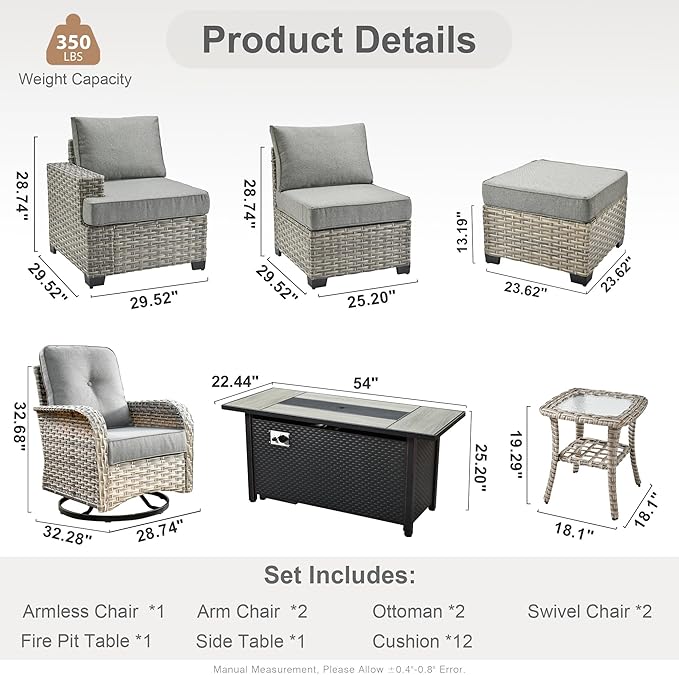 9 Pcs Outdoor Sectional Patio Furniture Set with Fire Pit Table and Swivel Rocking Chairs - All Weather Wicker Modular Outside Sectional Sofa Couch,Patio Seating Outdoor Conversation Sets,Dark Grey