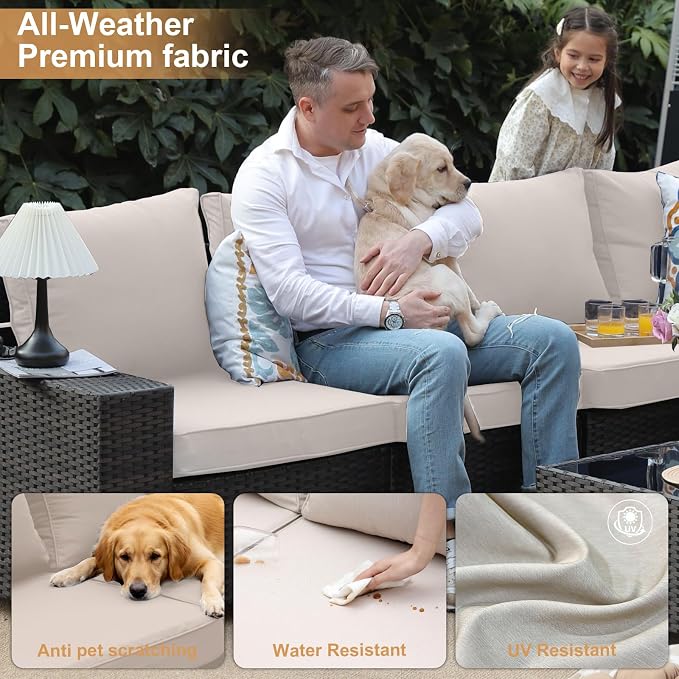 JOYURE 6 Pieces Patio Furniture Set, Outdoor Sofa with Waterproof Cushions, Rattan L Shaped Patio Couch & Coffee Table, Modern Outdoor Furniture for Backyard, Deck, Balcony – Beige