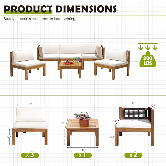 Greesum 6 Piece Outdoor Acacia Sofa Waterproof Cushions and Table, Padded Patio Conversation and Chairs Set for Garden, Backyard, Poolside, Beige