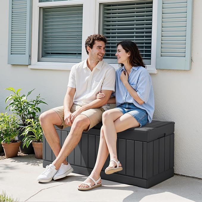 Devoko 78 Gallon Deck Box, Waterproof Resin Outdoor Storage Box for Outside and Patio, Outdoor Storage Bench Lockable for Patio Furniture, Garden Tools and Pool Supplies (Grey, 78 Gallon)