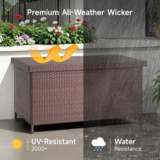 ONBRILL 158 Gallon XL Deck Box with Lid, All Weather Wicker Outdoor Storage Box Waterproof, Large Outdoor Patio Storage Bin for Cushions, Garden Tools, Gears, Brown