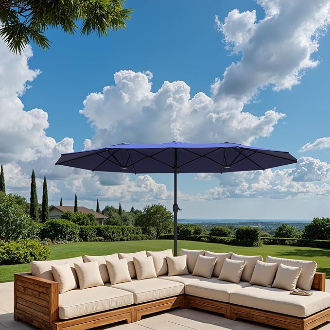 15ft Double-Sided Outdoor Patio Umbrella, Table Umbrellas with Steel Ribs, Easy Crank, Market Umbrella for Backyard & Pool
