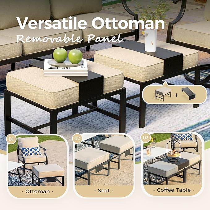 Patio Furniture Set 5 pcs, Outdoor Patio Furniture Set, 3-Seat Sofa, 2 Rocking Chairs, 2 Ottomans and 5.75" Extra Thick Cushion, Patio Conversation Set for Garden Backyard Deck,Beige