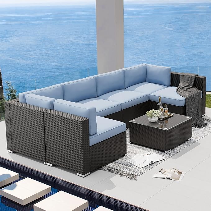 SUNCROWN 7-Piece Outdoor Patio Furniture Sofa Set All-Weather Wicker Sectional Conversation Set with Modern Glass Coffee Table and Cushions（Light Blue）
