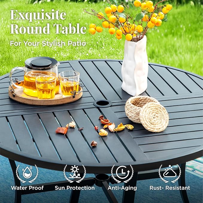 MIXPATIO 5 Pieces Patio Dining Set, 4 Person 42" Round Black Table and Textilene Chairs, with 1.57" Umbrella Hole, Outdoor Patio Table and Chairs, for Garden Lawn Porch Backyard Poolside