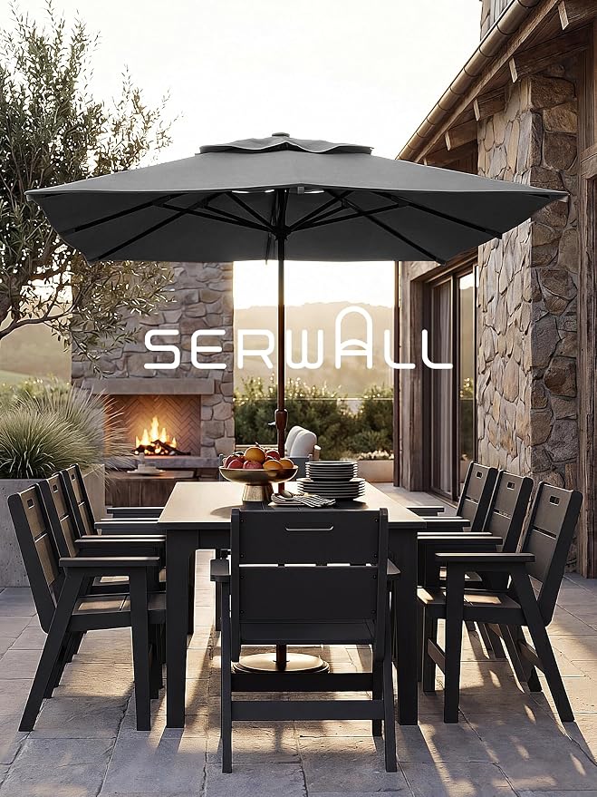 SERWALL HDPE Outdoor Dining Set for 8, 9 Pieces All-Weather Patio Furniture Set with Rectangular Dining Table and 8 Chairs, Water & Fade Resistant Outdoor Dining Set for Backyard, Deck, Balcony, Black