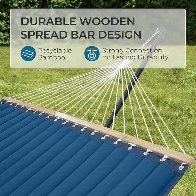 SUPERJARE Hammock with Stand, 2 Person Quilted Outdoor Hammock, Detachable Pillow & Bamboo Spreaders, Portable Hammock with Carrying Bag, Heavy Duty Stand, Perfect for Outside, Patio, Navy Blue