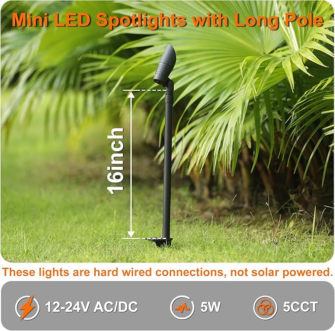 Mini LED Landscape Spotlights, 16'' Tall Pole, 5CCT 5W 12 Volt Wired Low Voltage Bronze Landscape Small Spot Lights for Outdoor Tree Flag House Pathway Driveway, 60° Beam Angle, 1PK