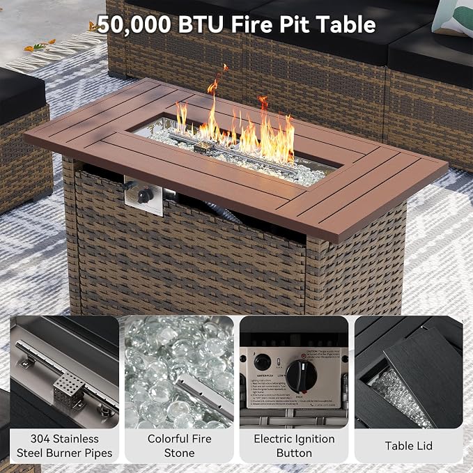 LazySunsets 8-Piece Patio Furniture Set with 44" Fire Pit Table, Wicker Rattan Outdoor Furniture, Patio Conversation Sets with Coffee Table, Outdoor Sectional Couch, Yellow Black