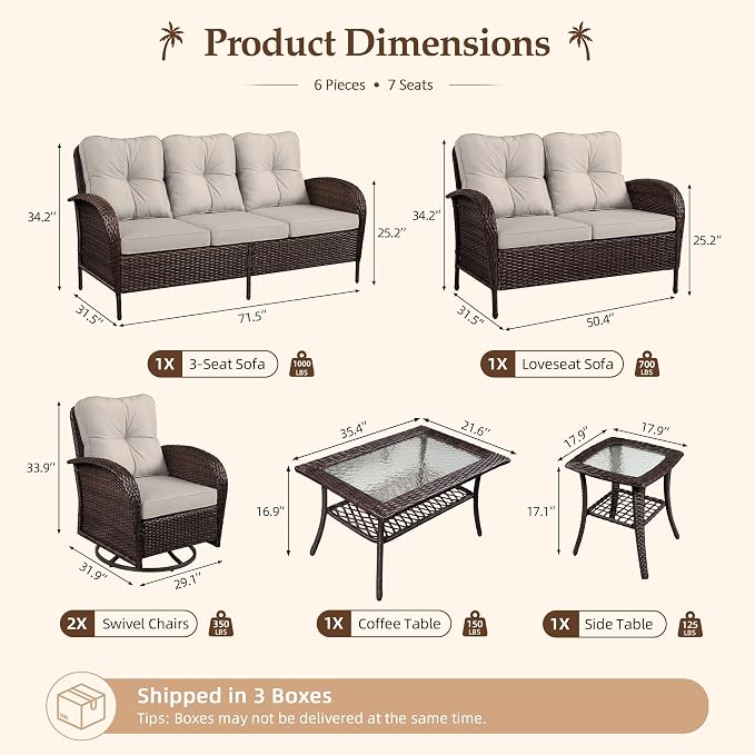 UPHA 6 Pieces Patio Furniture Sets, Wicker Outdoor Sofa Set with Loveseat & 3-Seat Couch, Swivel Chairs, Patio Conversation Set for Deck Backyard Garden, Brown Rattan, Beige Cushion