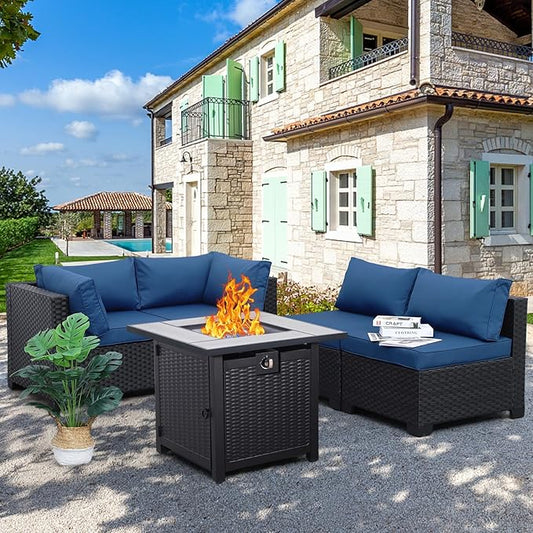 WAROOM Outdoor 5 Piece Patio Furniture Set, Black Rattan Conversation Couch Resin Wicker Sectional Sofa Outside Chair with Propane Fire Pit Table, Navy Blue Cushion