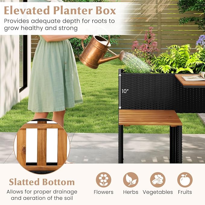 RELAX4LIFE Patio Furniture Set with Raised Garden Bed, Wicker Rattan Elevated Planter Table w/2 Chairs, Slatted Acacia Wood Top & Bottom Storage, Outdoor Conversation Set w/Planter Box for Herb Flower