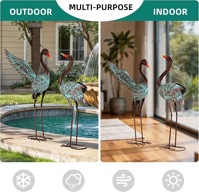 36.8" Blue Heron Decor, Metal Crane Statue Handcrafted | Extra-Large Garden Bird Animal Yard Art, Lawn Ornament Decor, Stable U-Ground Stakes, Backyard Decoration