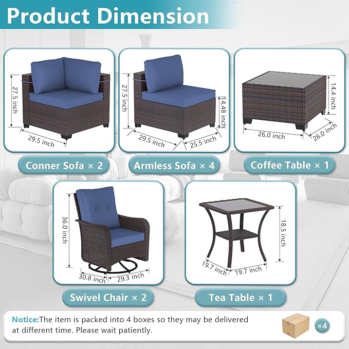 ALAULM 10 Pieces Patio Furniture Set with 2 Swivel Chairs Wicker Patio Conversation Set, Outdoor Sectional Furniture w/Coffee Table & Washable Seat Cushions-Dark Blue