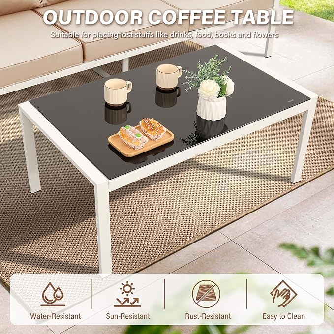 4-Piece Patio Furniture Set White Outdoor Metal Frame Sofa with High Backrest Seating Glass Coffee Table All-weather Metal Patio Conversation Set with Non-slip Cushions and Waterproof Covers, Khaki