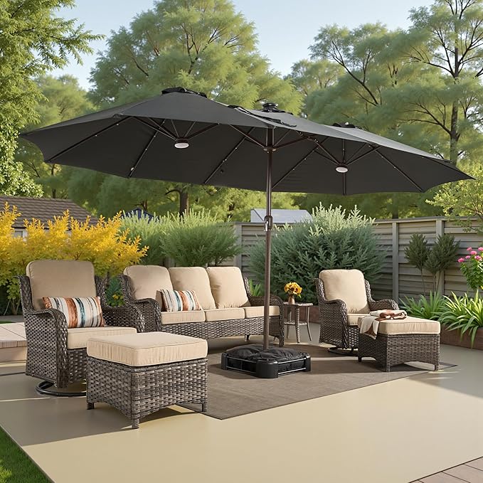 15ft Large Patio Umbrellas with Base & Solar Lights,Outdoor Rectangle Double-Sided Market Umbrella with Stand & 38 LED Lights,Outside Umbrellas for Poolside Deck Backyard (Dark Grey)