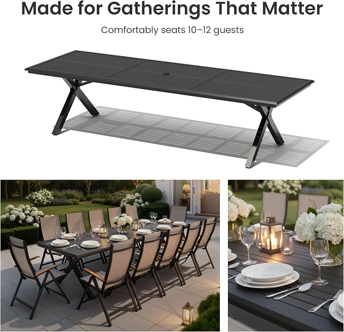 Crestlive Products 118" Outdoor Aluminum Dining Table for 12 People, Black Extra Long Patio Table with X Frame Legs and Adjustable Umbrella Hole, Heavy Duty Backyard Deck Garden Dining Tables