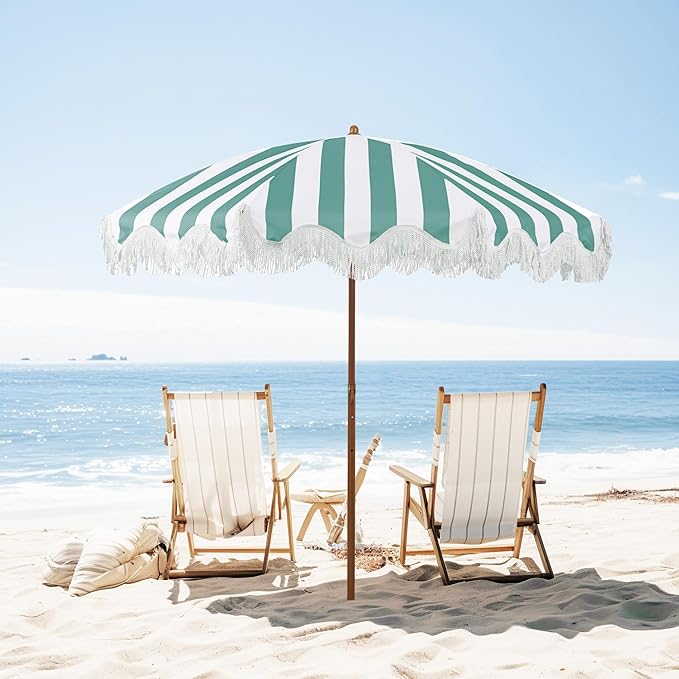Rayjee 6.5FT Patio Umbrella with Fringe, Portable Boho Beach Umbrella, Tilt & Adjustable Height, 2-Piece Aluminum Pole for Pool, Garden, Deck & Beach