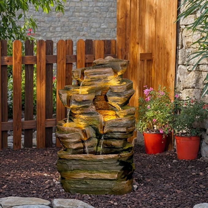 Bumilgar 24.2" H 6-Tier Outdoor Water Fountain, Features Rock Garden Waterfall Fountains with Warm Lights, Floor-Standing for Patio, Backyard, Deck, Porch, Home Décor, Brown