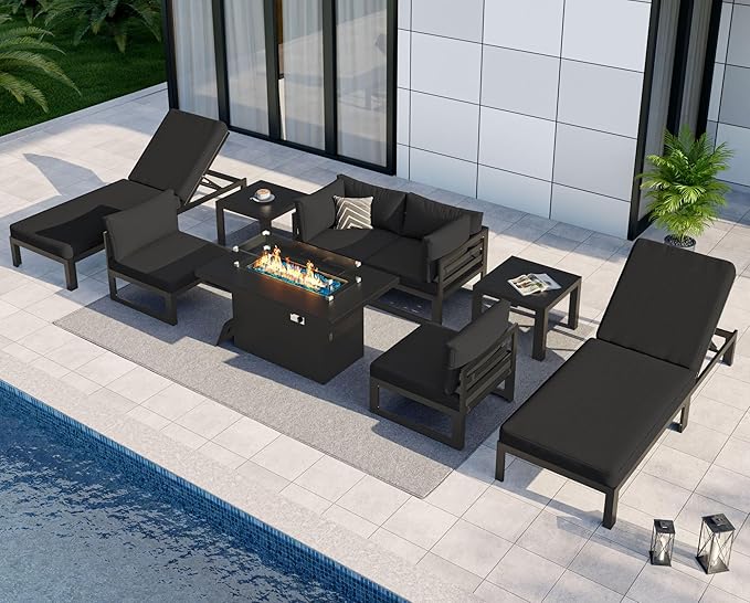 NICESOUL 9 Piece Extra Large Modern Aluminum Patio Furniture Set, Weather Resistant Modular Outdoor Conversation Set with Chaise, 500 lbs Heavy Duty Comfortable Sectional Sofa for Poolside Deck, Black