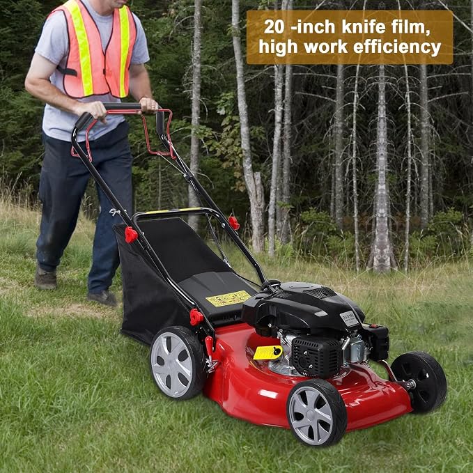 Self Propelled Gas Lawn Mower, Cordless 141cc 4-Stroke Gas Engine Lawn Mower with 20 Inches Blade Walk-Behind Lawn Mover Cordless Push Lawn Mowers Tractors with 50L Grass Tank Big Wheels 285