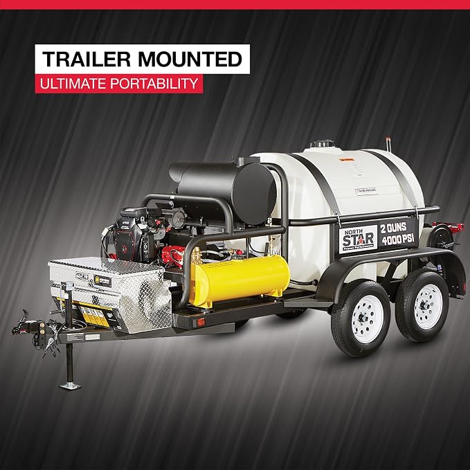 NorthStar Hot Water Commercial Pressure Washer Trailer with 2 Wands — 4000 PSI, 7.0 GPM, NorthStar Engine, 525-Gal. Water Tank