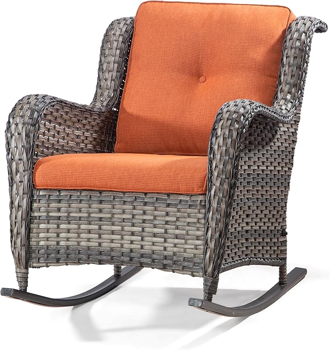 Outdoor Wicker Patio Rocking Chair - All-Weather Lawn Rocking Wicker Furniture with Alloy Steel Frame & Premium Fabric Cushion, Orange