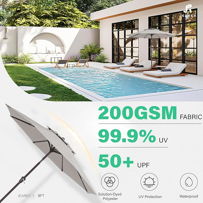 JEAREY 9' 2-Tiers Patio Umbrellas Outdoor Table Market Umbrella w/Push Button Tilt/Crank, 8 Sturdy Ribs, UV Protection Waterproof Sunproof(Fog Gray)