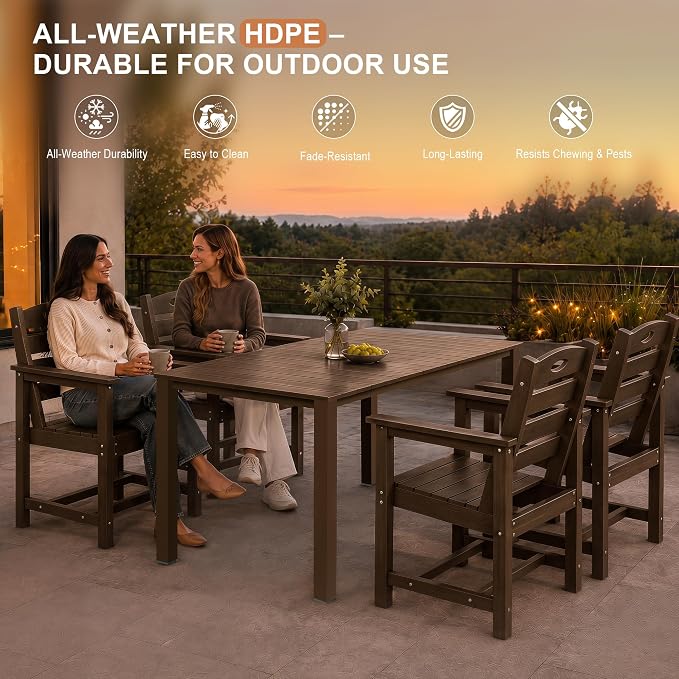 Domi HDPE Outdoor Dining Set, All-Weather 5 Piece Outdoor Dining Table Set with 2" Umbrella Hole, Outdoor Patio Dining Set for Garden, Poolside, Backyard, Deck, Brown
