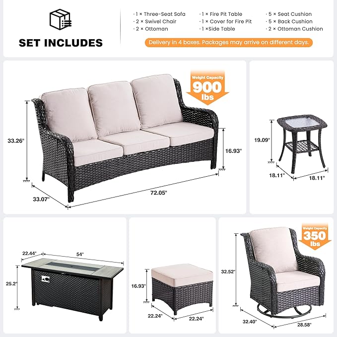 ovios 7-Piece Patio Furniture Set with Swivel Chairs Coffee Table, Outdoor Wicker Sofa with 54" Fire Pit Table, High Back Couch Modern Conversation Sets, Brown/Beige