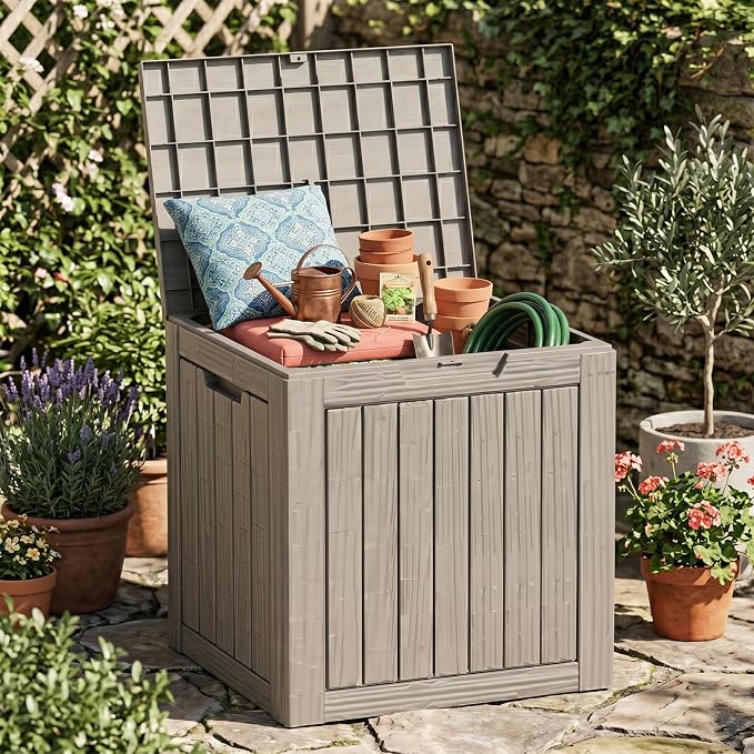 35 Gallon Deck Box Outdoor Waterproof, Resin Storage Box Outdoor Lockable, Multipurpose Outside Container for Patio Cushions, Garden Tools & Package Drop, UV & Fade Resistant, Brown