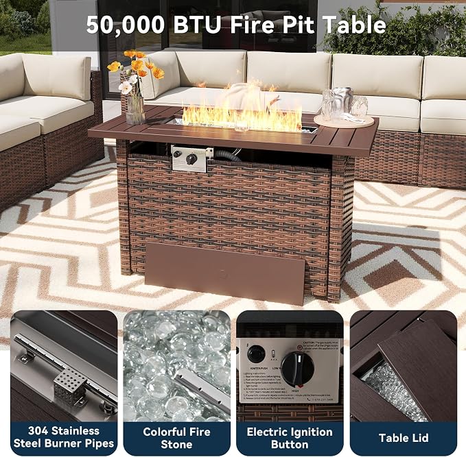 LazySunsets 8 Piece Outdoor Patio Furniture Set with 44'' Fire Pit Table, Outdoor Patio Furniture Set with 4'' Thicken Cushion, Wicker Rattan Outdoor Conversation Set for Backyard & Garden, Beige