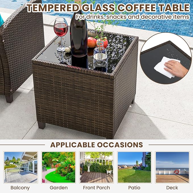ORALNER 5 Pieces Patio Furniture Set with Ottoman, Wicker Conversation Set w/Cushions, Glass Coffee Table, Outdoor Rattan Lounger Chairs Bistro Set for Porch Balcony Garden Deck Poolside (Turquoise)