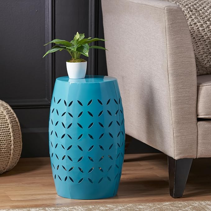 12" Outdoor Side Table, Decorative Cutout Metal Round Side Table, Multi Functional - Coffee Table, Night Stand, Plant Stand for Patio, Garden, Backyard, Gazebo Indoor (Blue)