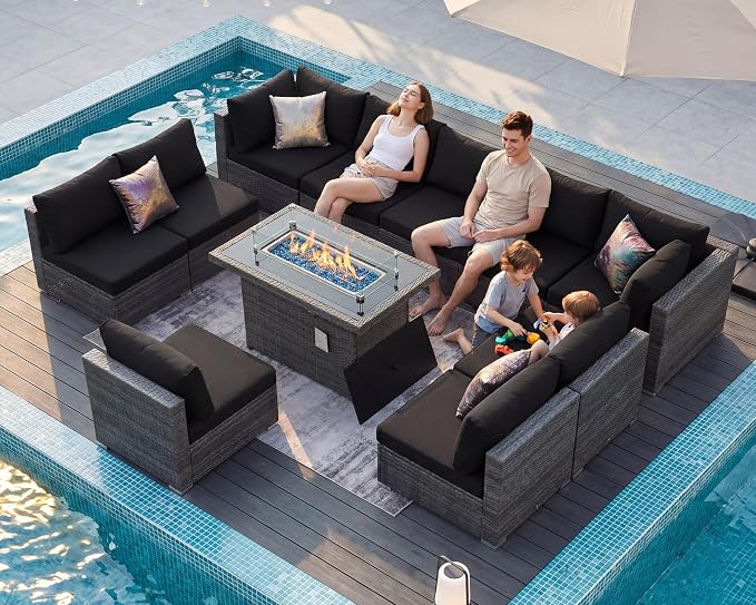 BULEXYARD 11 Piece High Back Patio Furniture Set with Fire Pit Table, Large Comfy Deep Wide Seat Outdoor Sectional Sofa, All-Weather Wicker Modular Conversation Couch 10-Seats for Deck, Grey & Black