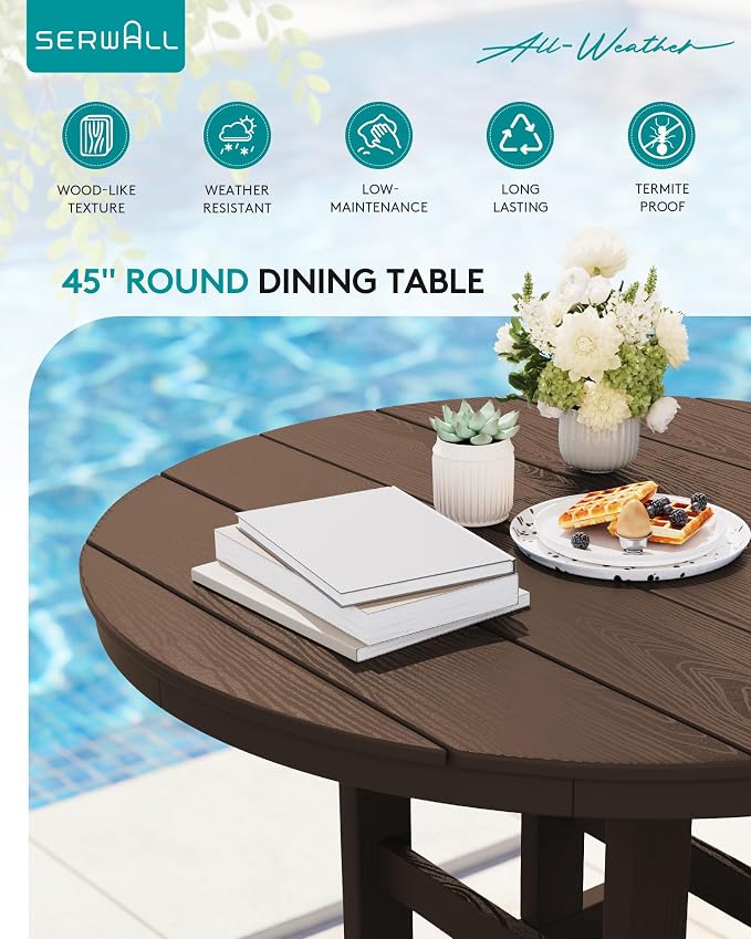 SERWALL 5-Piece Patio Dining Sets, HDPE Outdoor Table and Chairs Furniture Set, 45" Round Dining Table and 4 Armless Dining Chairs, Coffee
