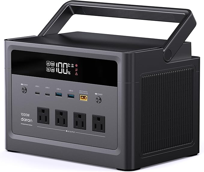 DARAN Portable Power Station 1000W, 576Wh Solar Generator with 4 AC Outlets (2000W Surge), 100W PD Fast Charge, LiFePO4 Battery Backup for Camping, RV & Home Use