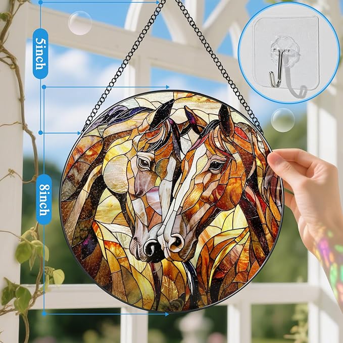 Stained Glass Window Hanging, 8 Inch Horse Suncatcher Ornament, Stained Glass Suncatchers for Windows Hanging, Horse Lover Gift for Women Men, Unique Window Decor for Birthday Christmas Housewarming