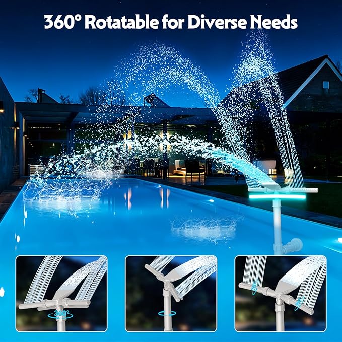 Mooroer Solar Pool Fountain with 9-Color LED Lights, Dual-Head Adjustable Waterfall Sprinkler, Cools Water 10-20°F, Remote Control & Light Sensor for Above/Inground Pools, Relaxation & Party Decor