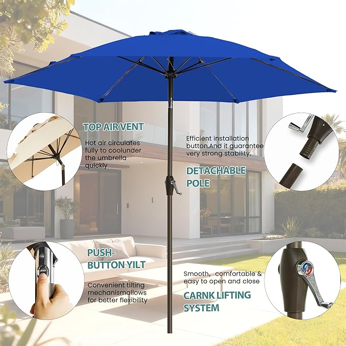 7.5FT Large Outdoor Patio Umbrella with Crank & Tilt - Durable Market Umbrella for Outdoor Patio with 6 Fiberglass Ribs for Poolside,Deck,Yard,Garden