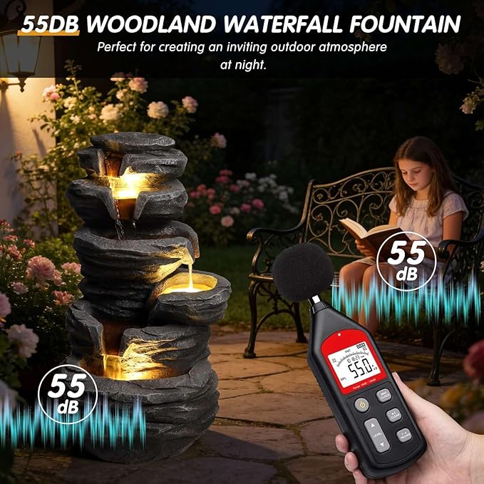 Outdoor Waterfall Fountain with LED Lights, 25.6" Stacked Stone Cascading Water Feature with Pump, Multi-Tier Rock Fountain for Patio Garden Yard Porch Landscape Decor, Gray