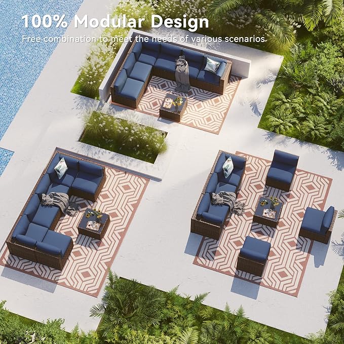 LazySunsets 7 Piece Outdoor Patio Furniture Set with Coffee Table, Outdoor Patio Furniture Sets with Waterproof Cover, Wicker Rattan Outdoor Conversation Set for Backyard & Garden, Blue